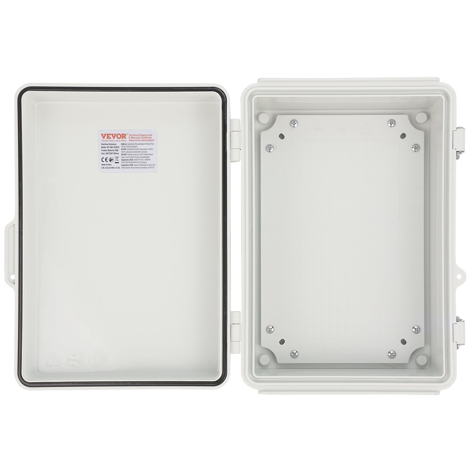 VEVOR Outdoor Electrical Junction Box, 430 x 330 x 180 mm, ABS Plastic Electrical Enclosure Box with Hinged Cover Stainless Steel Latch, IP67 Dustproof Waterproof for Outdoor Electrical Projects, 17 x 13 x 7 inch
