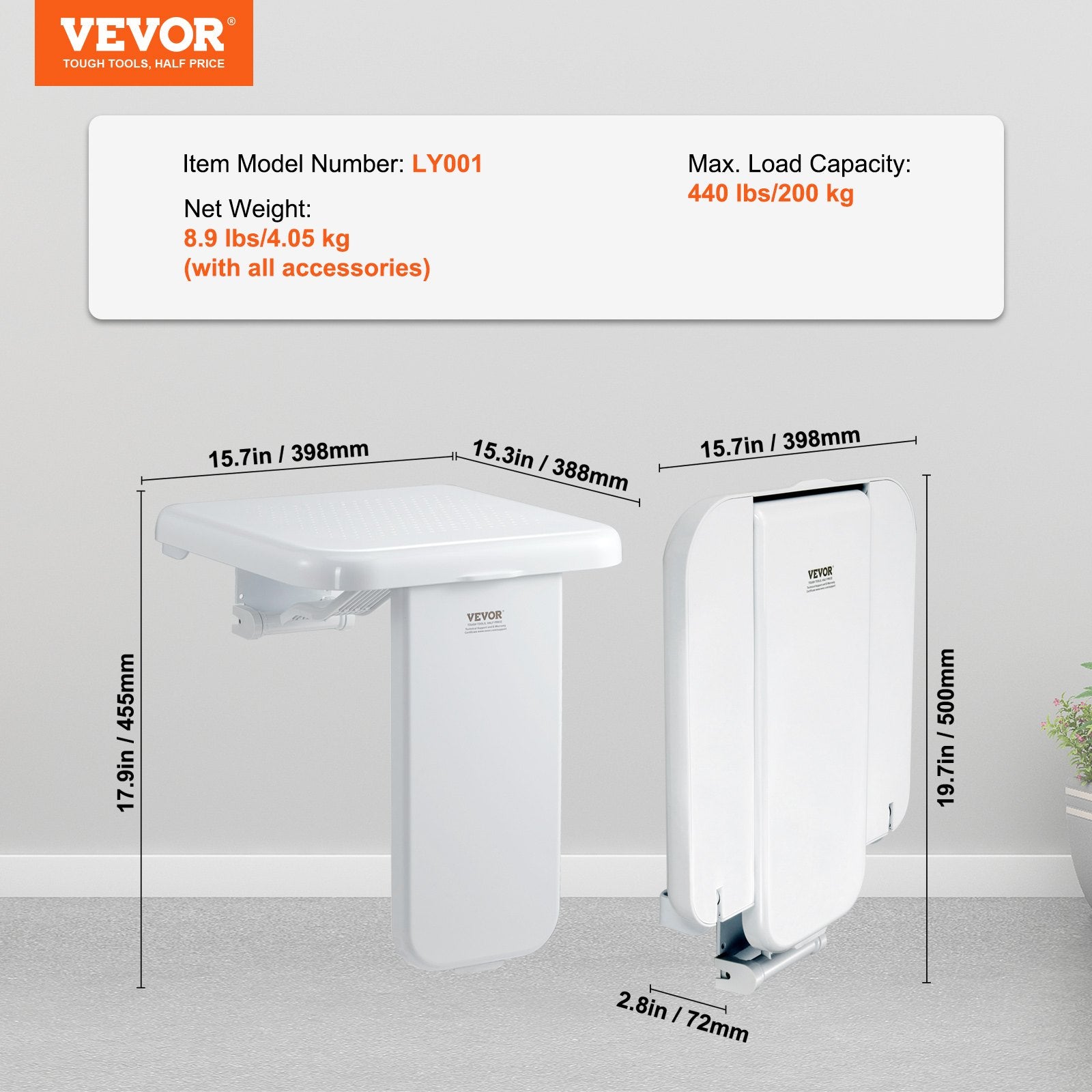 VEVOR Folding ABS Shower Seat, 15.7'' x 16.7'' Unfolded, Wall Mounted Fold Up Shower Bench with 440 lbs Load Capacity, Space Saving Fold Down Shower Chair for Seniors Pregnant Women Children Adults