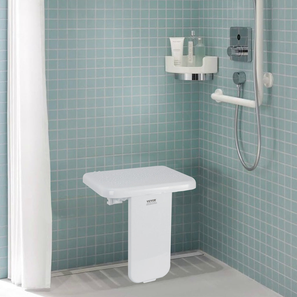VEVOR Folding ABS Shower Seat, 15.7'' x 16.7'' Unfolded, Wall Mounted Fold Up Shower Bench with 440 lbs Load Capacity, Space Saving Fold Down Shower Chair for Seniors Pregnant Women Children Adults