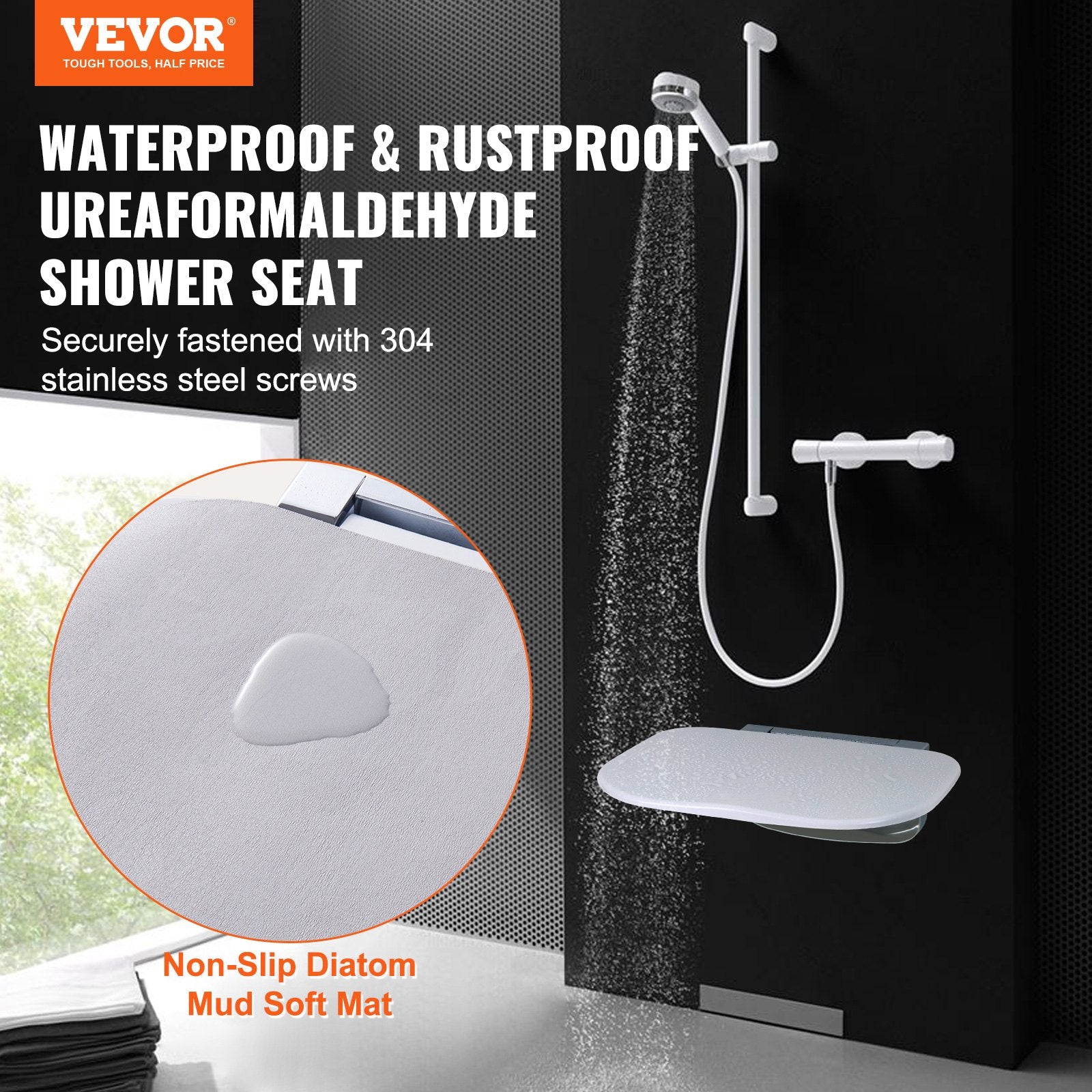 VEVOR Urea-formaldehyde Folding Shower Seat, 13.6'' x 12.8'' Unfolded, Wall Mounted Fold Up Shower Bench with 450 lbs Load Capacity, Space Saving Fold Down Shower Chair for Seniors Children Adults