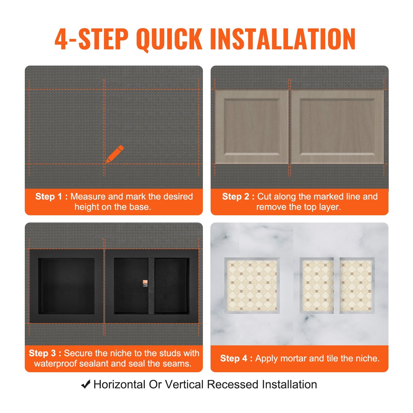 VEVOR Shower Niche Ready for Tile 40.64x40.64cm & 40.64x50.8cm, Triple Shelf, Square Corners Wall-inserted Niche Recessed, Sealed Protection Modern Soap Storage Niche for Shower Bathroom, Black