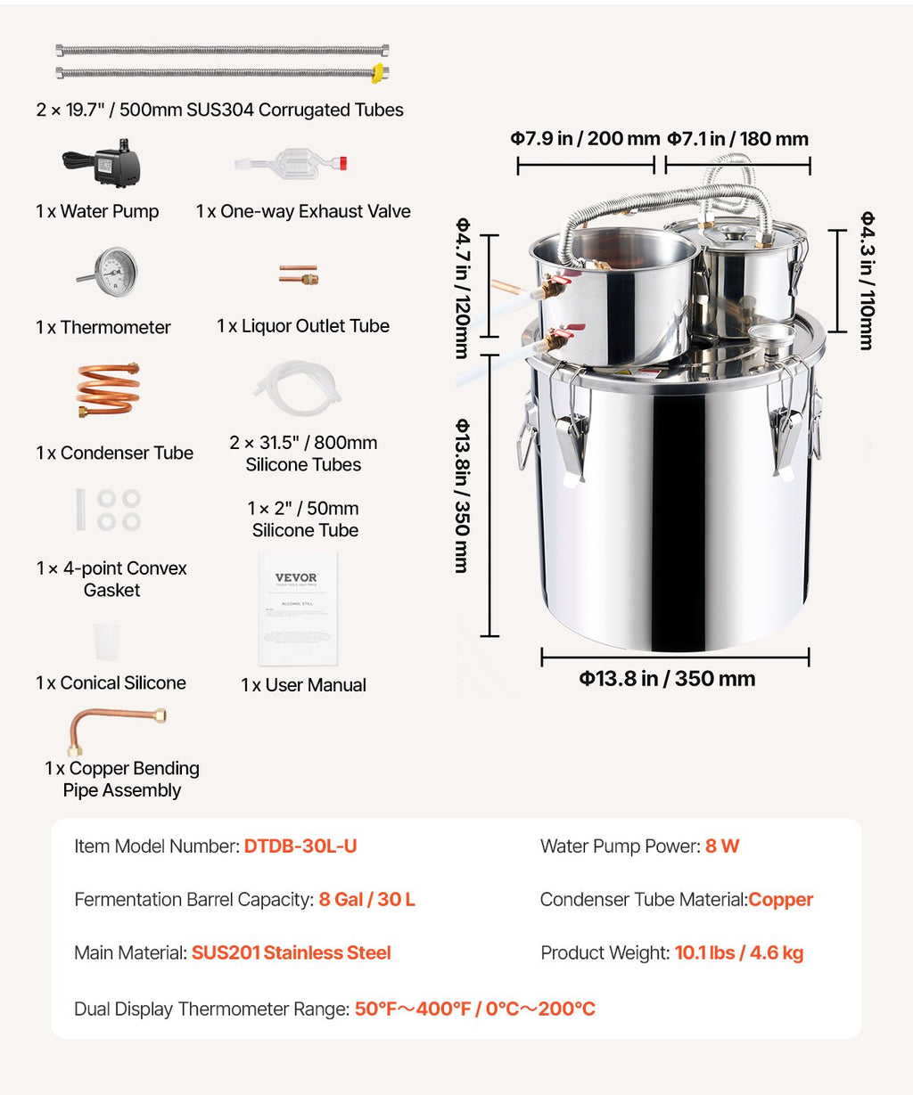 VEVOR Moonshine Still Water Alcohol Distiller 8Gal w/Thumper Keg & 8W Water Pump