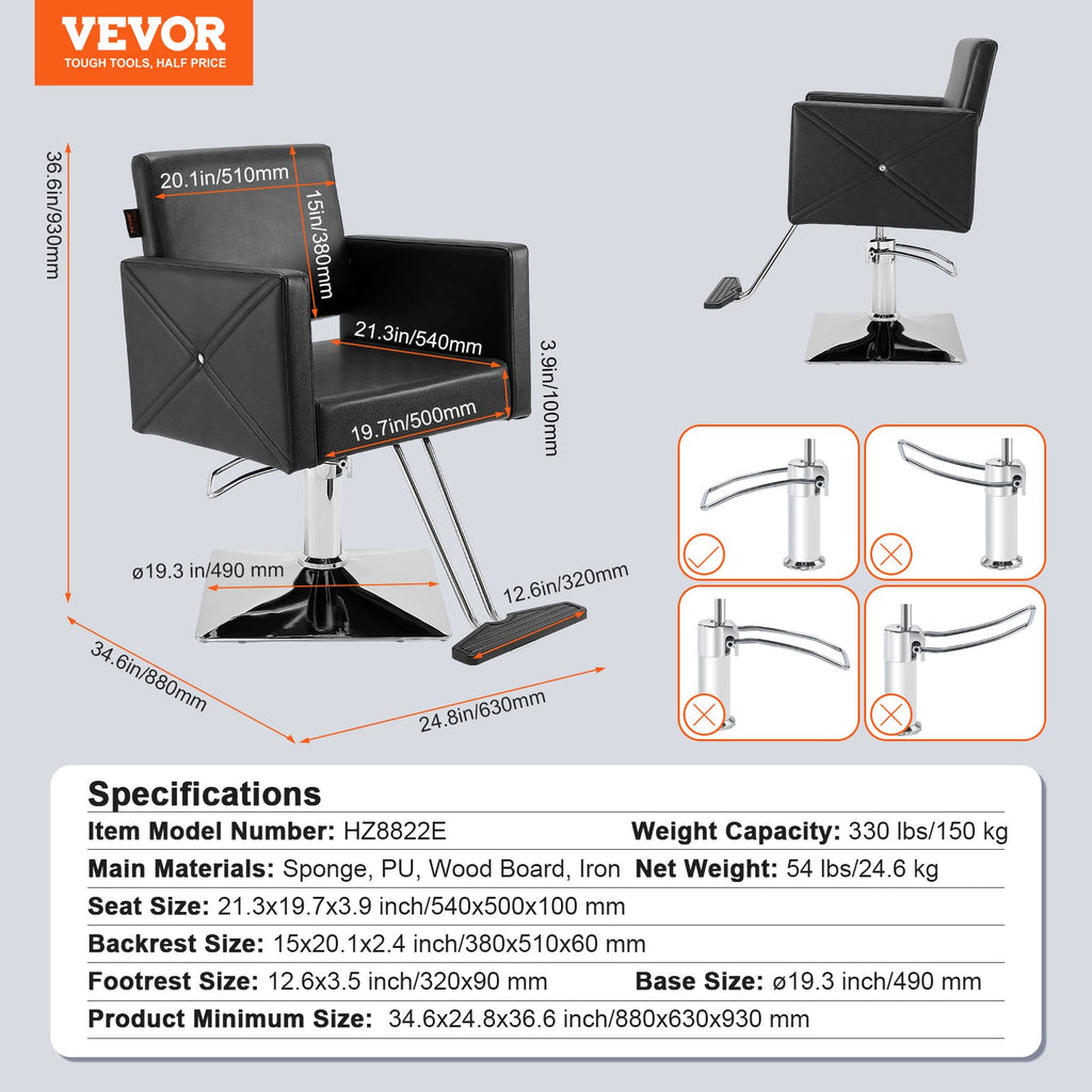 VEVOR Salon Chair, Barber Chair for Hair Stylist, Styling Chair with Heavy Duty Hydraulic Pump, Swivel Hair Salon Chair with Footrest for Beauty Spa Shampoo, Max Load Weight 330 lbs, Black