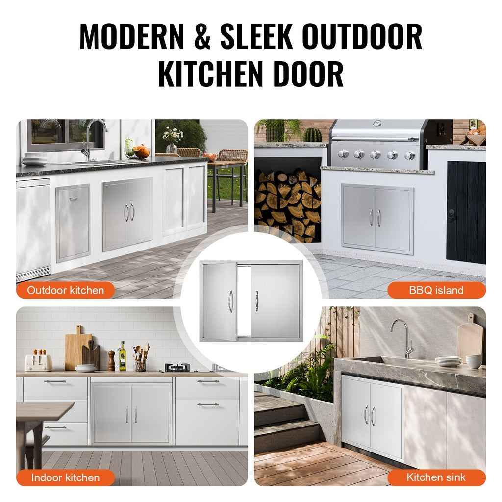 VEVOR BBQ Access Door, 787x609 mm Double Outdoor Kitchen Door, Stainless Steel Flush Mount Door, Double Wall Vertical Door with Handles and Hooks, for BBQ Island, Grilling Station, Outside Cabinet