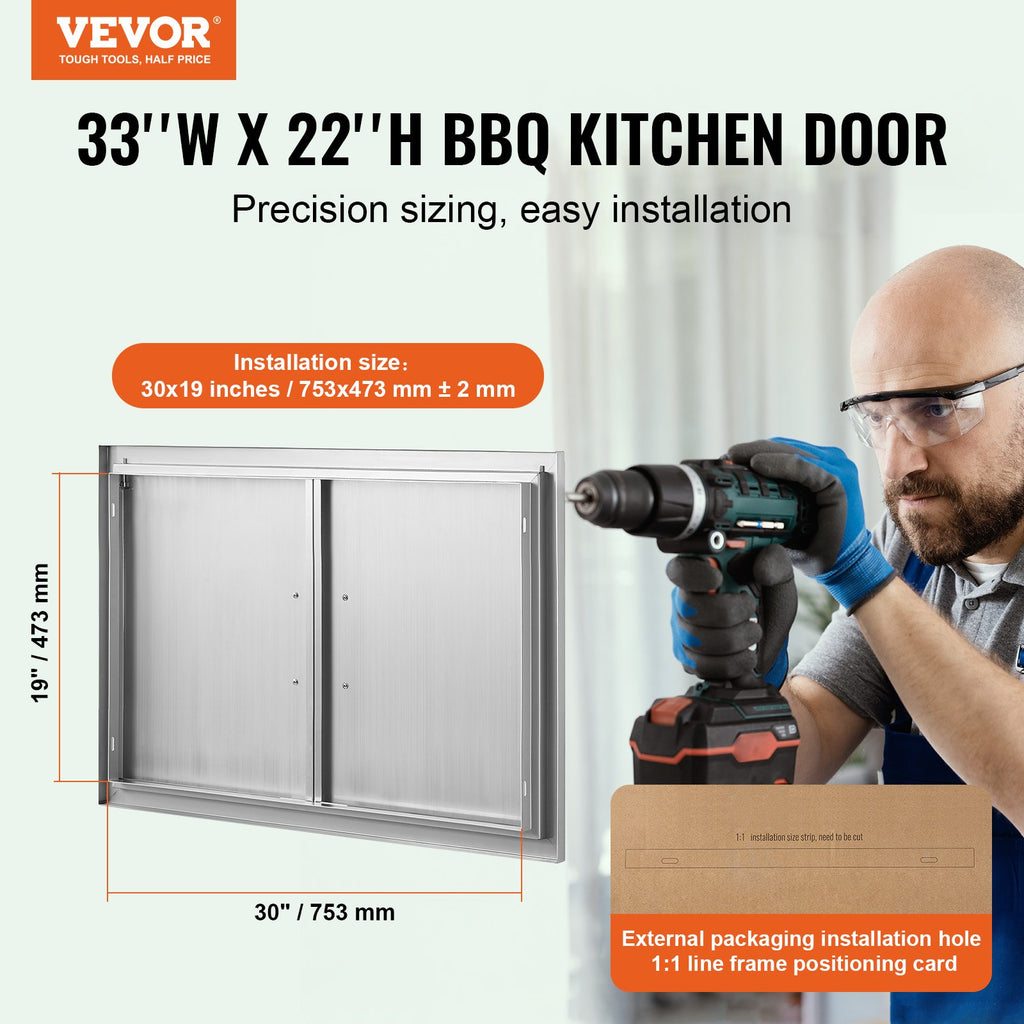 VEVOR BBQ Access Door, 838x558 mm Double Outdoor Kitchen Door, Stainless Steel Flush Mount Door, Wall Vertical Door with Handles, for BBQ Island, Grilling Station, Outside Cabinet
