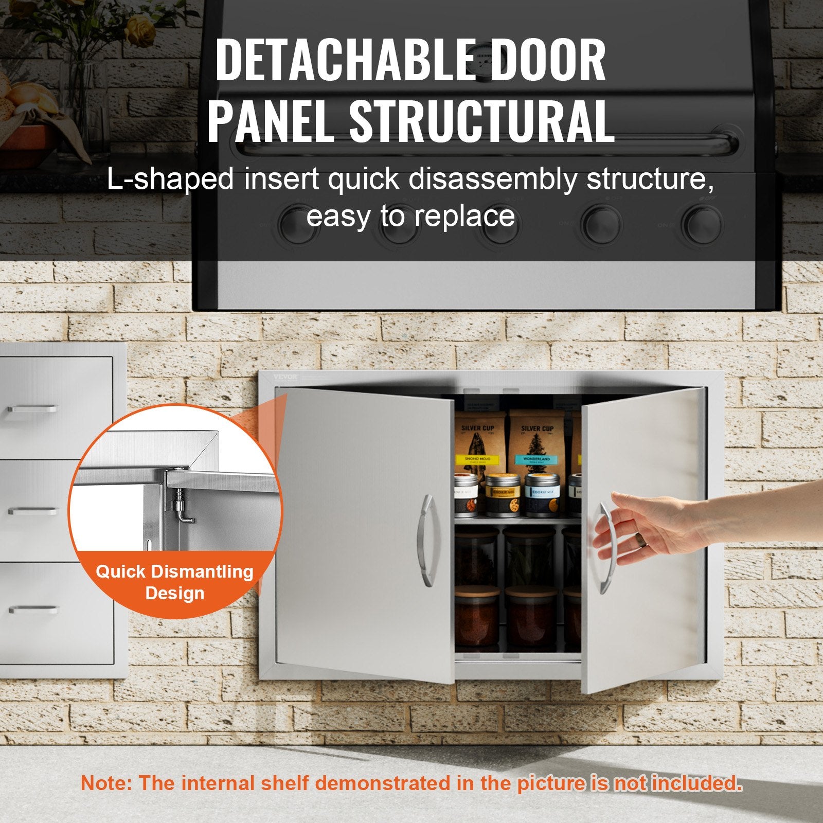 VEVOR BBQ Access Door, 838x558 mm Double Outdoor Kitchen Door, Stainless Steel Flush Mount Door, Wall Vertical Door with Handles, for BBQ Island, Grilling Station, Outside Cabinet