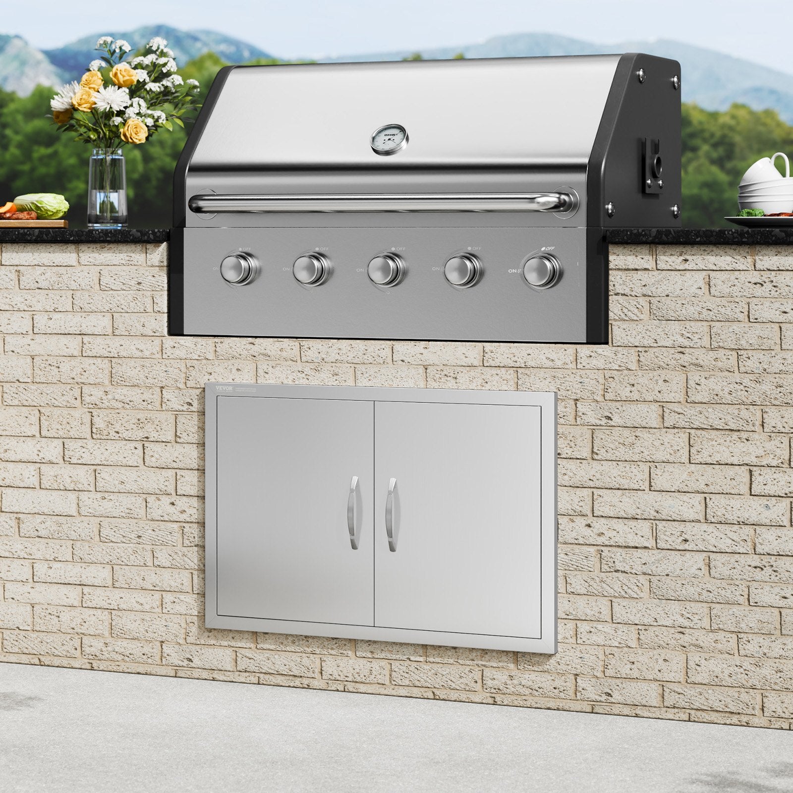 VEVOR BBQ Access Door, 838x558 mm Double Outdoor Kitchen Door, Stainless Steel Flush Mount Door, Wall Vertical Door with Handles, for BBQ Island, Grilling Station, Outside Cabinet