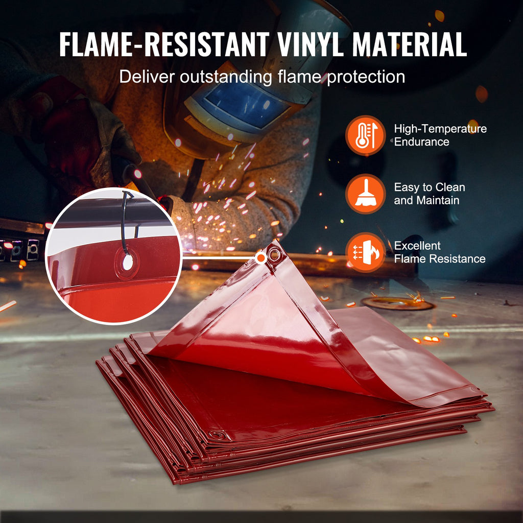 VEVOR Welding Screen with Frame, 6' x 6' 3 Panel Welding Curtain Screens, Flame-Resistant Vinyl Welding Protection Screen on 12 Swivel Wheels (6 Lockable), Moveable & Professional for Workshop, Red