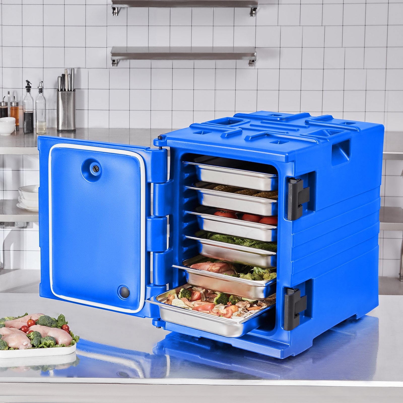 VEVOR Insulated Food Pan Carrier, 90L Hot Box for Catering, Food Box Carrier with Double Buckles, Front Loading Food Warmer with Handles, Stackable End Loader for Restaurant, Canteen