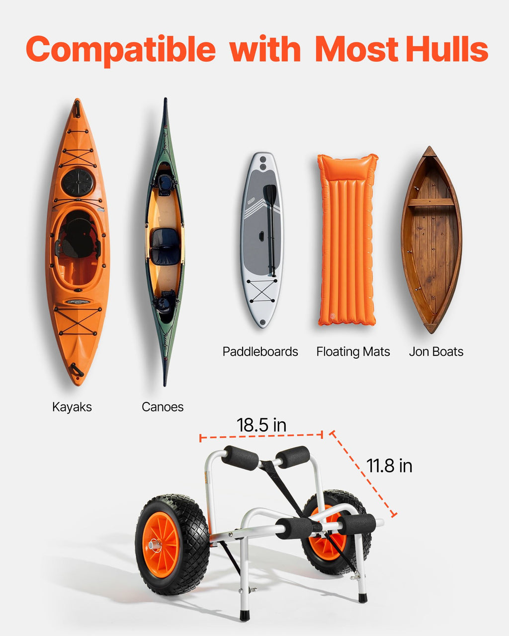 VEVOR Kayak Cart, 113.4 kg Load Capacity, Foldable Kayak Trolley with 25.4 cm Solid Rubber Tires & 1 Ratchet Strap, Paddle Board Trolley for Carrying Kayaks, Canoes, Paddleboards, Float Mats,Jon Boats