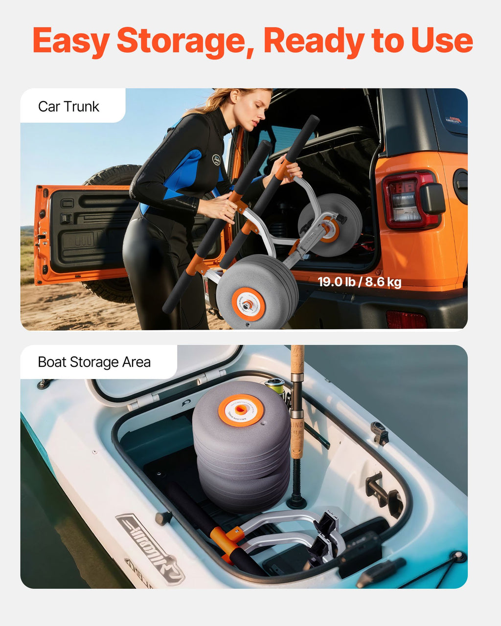 VEVOR Kayak Cart, 158.8 kg Load Capacity, Kayak Trolley with 30.5 cm Inflatable PU Tires & 2 Straps, Assembles & Disassembles Within Seconds, Paddle Board Trolley for Carrying Kayaks and Canoes