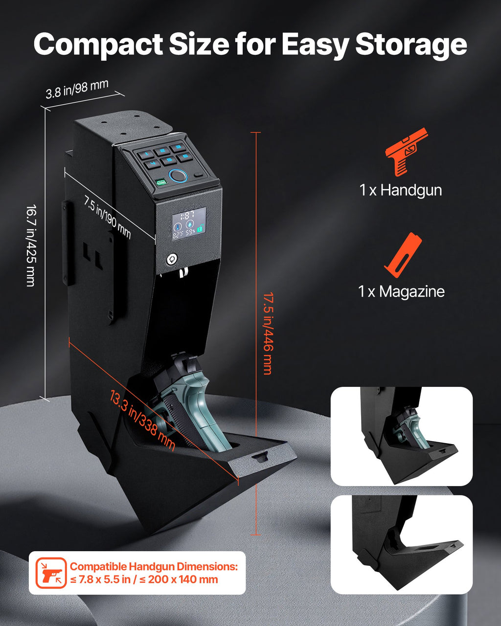VEVOR Gun Safe, Slider Handgun Gun Safe with Screen, Fingerprint/Password/Key, 3-Way Quick Access Firearm Case Box with LED for 1 Pistol & Magazine, Mounted Gun Box for Nightstand Bedside Desk Car