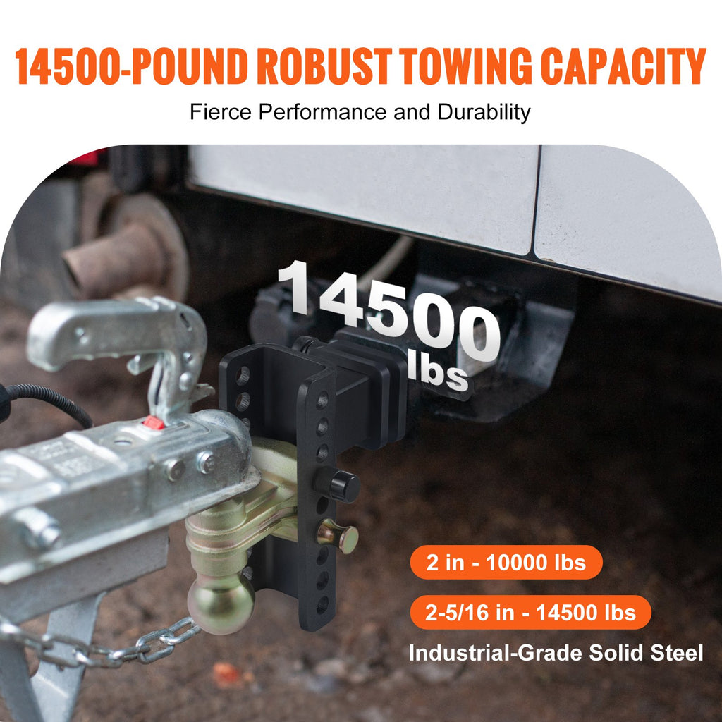 VEVOR Adjustable Trailer Hitch, 15cm Drop & 11.43cm Rise Hitch Ball Mount with 6.35cm Receiver, Solid Tube, 6577 kgs GTW, 5.08cm & 5.08-0.79cm 45# Steel Tow Balls with Key Lock for Truck Towing
