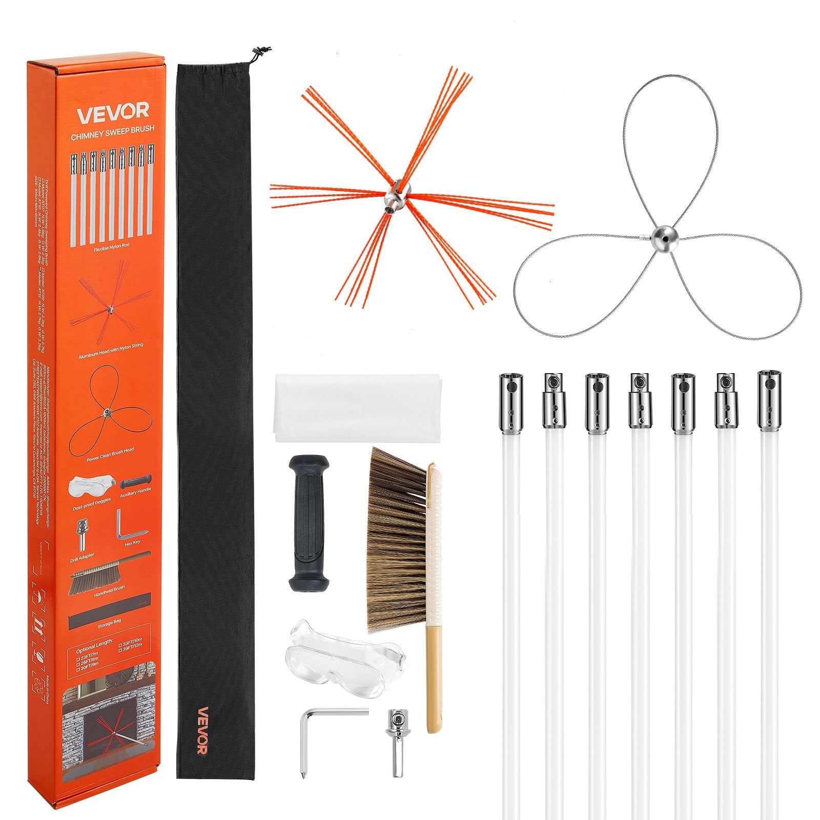 VEVOR Chimney Sweep Kit, 7m Maximum Extendable Length Chimney Brush, Chimney Cleaner Sweeper with Dual Brush Heads, Brush & Goggles, Fireplace Cleaning Tool for Square, Rectangle, Arch Chimneys