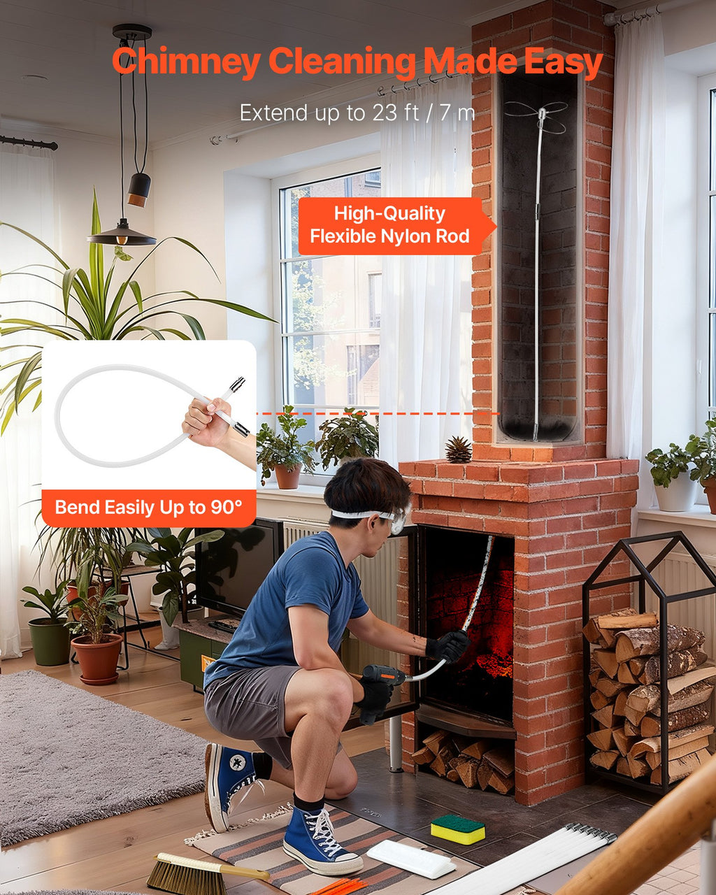 VEVOR Chimney Sweep Kit, 7m Maximum Extendable Length Chimney Brush, Chimney Cleaner Sweeper with Dual Brush Heads, Brush & Goggles, Fireplace Cleaning Tool for Square, Rectangle, Arch Chimneys