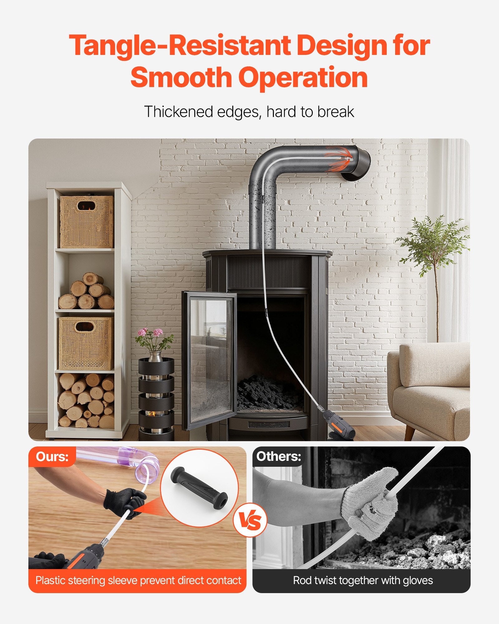 VEVOR Chimney Sweep Kit, 7m Maximum Extendable Length Chimney Brush, Chimney Cleaner Sweeper with Dual Brush Heads, Brush & Goggles, Fireplace Cleaning Tool for Square, Rectangle, Arch Chimneys