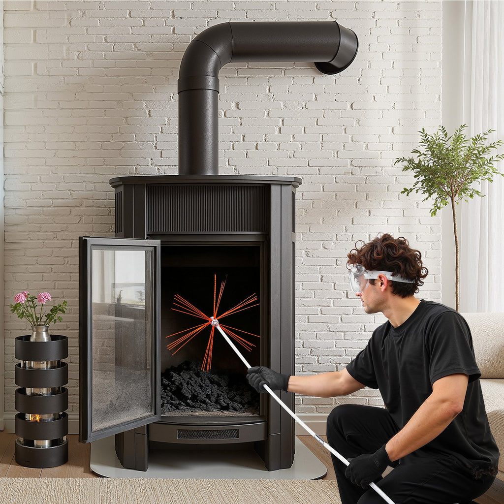 VEVOR Chimney Sweep Kit, 10m Maximum Extendable Length Chimney Brush, Chimney Cleaner Sweeper with Dual Brush Heads, Brush & Goggles, Fireplace Cleaning Tool for Square, Rectangle, Arch Chimneys