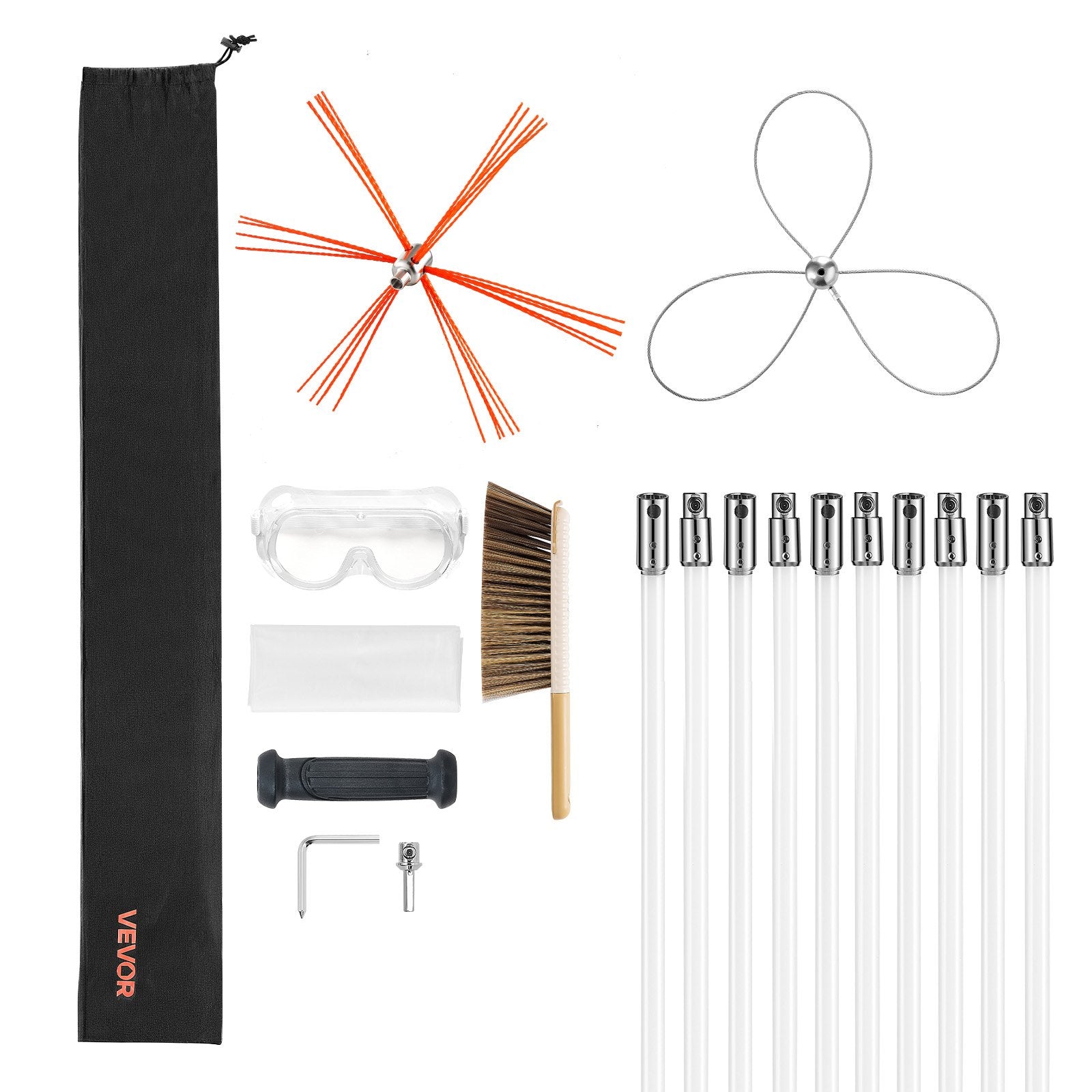 VEVOR Chimney Sweep Kit, 10m Maximum Extendable Length Chimney Brush, Chimney Cleaner Sweeper with Dual Brush Heads, Brush & Goggles, Fireplace Cleaning Tool for Square, Rectangle, Arch Chimneys