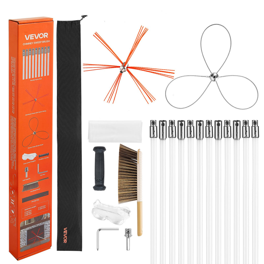 VEVOR Chimney Sweep Kit, 12m Maximum Extendable Length Chimney Brush, Chimney Cleaner Sweeper with Dual Brush Heads, Brush & Goggles, Fireplace Cleaning Tool for Square, Rectangle, Arch Chimneys