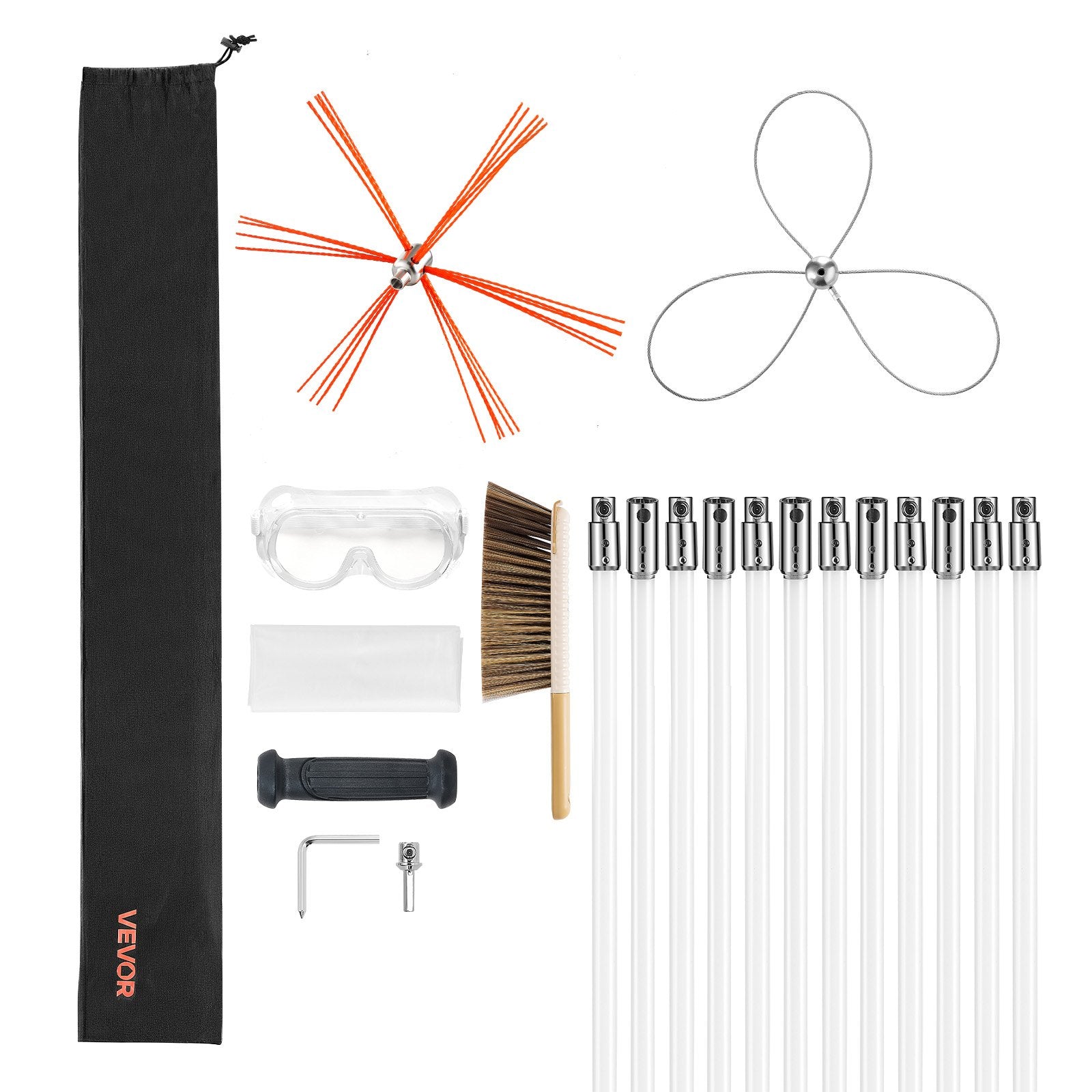 VEVOR Chimney Sweep Kit, 12m Maximum Extendable Length Chimney Brush, Chimney Cleaner Sweeper with Dual Brush Heads, Brush & Goggles, Fireplace Cleaning Tool for Square, Rectangle, Arch Chimneys