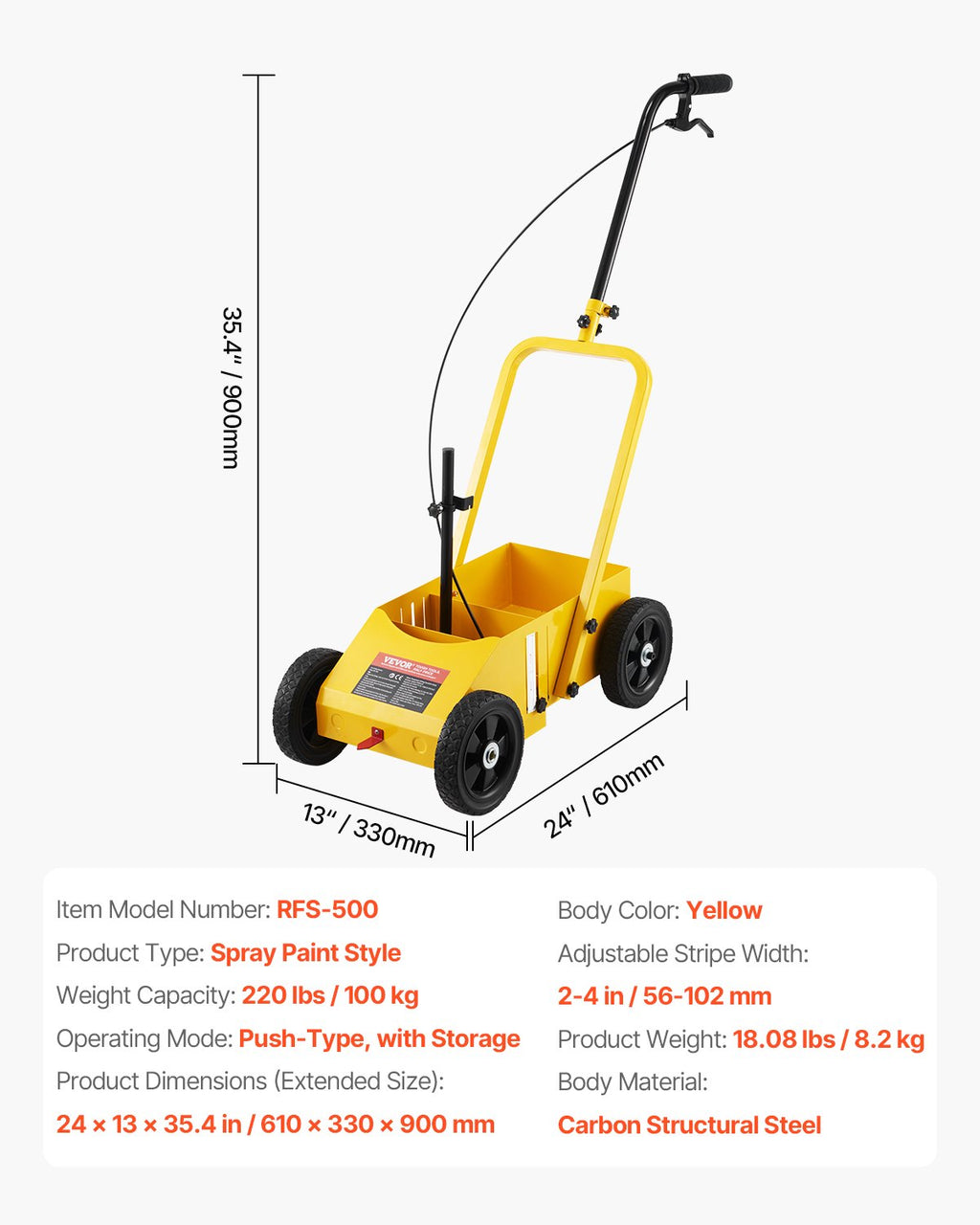 VEVOR Striping Line Marking Machine, 610 x 330 x 900 mm, 4-Wheel, Heavy Duty Striping Line Machine with 56-102 mm Adjustable Width, Make Clear Edge Line for Roads, Parking Lots, Sports Field, Yellow