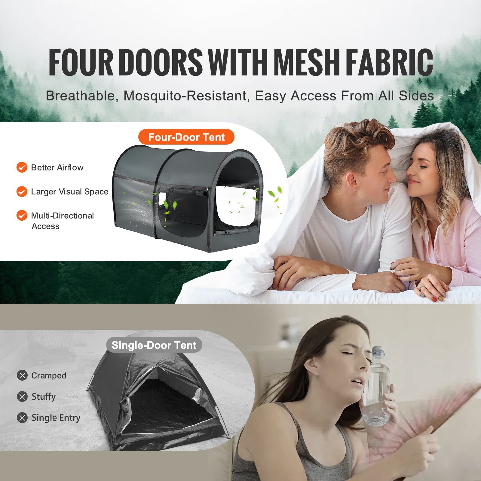 VEVOR Bed Tent, Pongee Fabric, 4 Doors Breathable Dream Tent with 7 mm Fiber Poles on Bed Privacy, Full Size Block out Light Sleeping Bed Canopy, Fit for Kids Playhouse and Adults Sleeping Tent