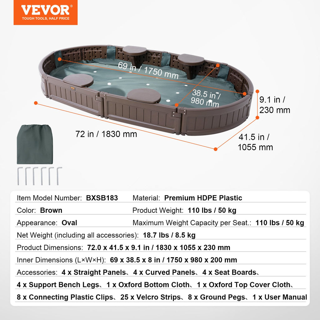 VEVOR Sandbox with Cover, 72 x 41.5 x 9.1 in Oval Sand Box, HDPE Sand Pit with 4 Corner Seating and Bottom Liner, Kids Sandbox for Outdoor Backyard, Beach, Park, Gift for Boys Girls Ages 3-12, Brown