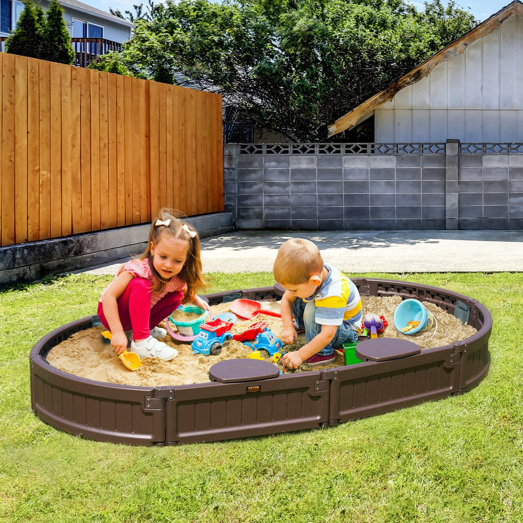 VEVOR Sandbox with Cover, 72 x 41.5 x 9.1 in Oval Sand Box, HDPE Sand Pit with 4 Corner Seating and Bottom Liner, Kids Sandbox for Outdoor Backyard, Beach, Park, Gift for Boys Girls Ages 3-12, Brown