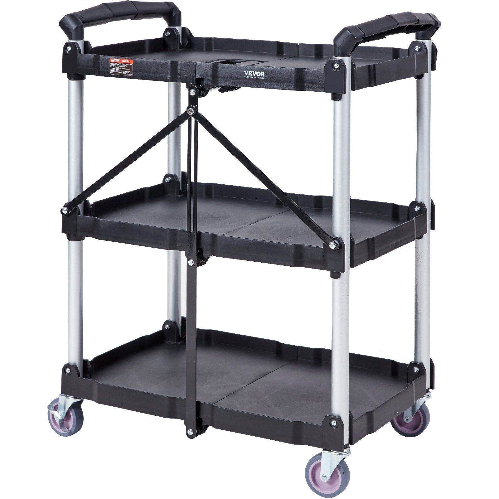 VEVOR Foldable Utility Service Cart, 3 Shelf 165LBS Heavy Duty Plastic Rolling Cart with Lockable Wheels, Ergonomic Handle, Portable Garage Tool Cart for Warehouse/Office/Home(25.62"x15.43"x32.76")