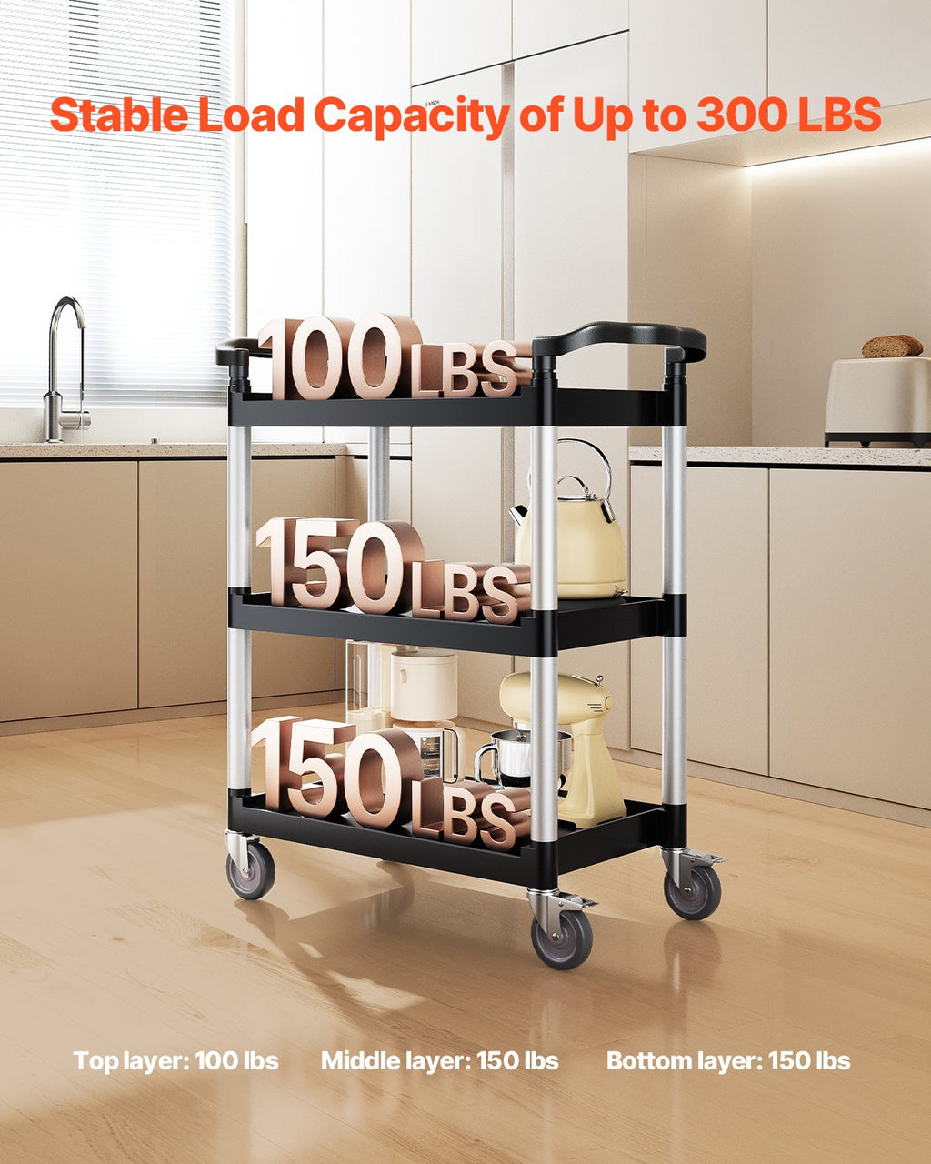 VEVOR Utility Cart, 300 lbs Load Capacity, 3-tier Utility Plastic Cart with 360° Swivel Wheels (2 with Brakes), 24.4 x 16.1-inch Food Service Cart for Warehouse, Office, Home, Restaurant, Kitchen