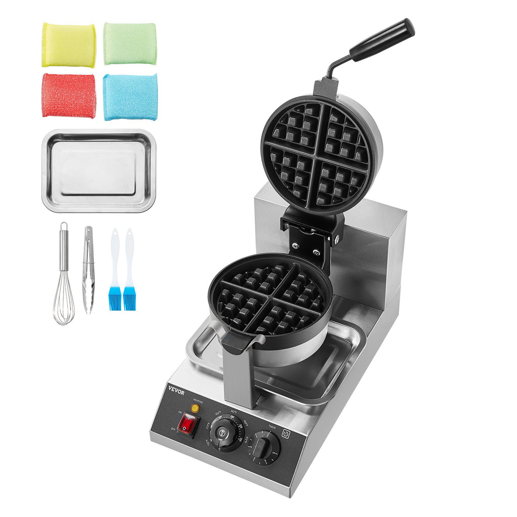 VEVOR Commercial Waffle Maker, 1300W Round Waffle Baker Machine, Non-Stick Stainless Steel Belgian Waffle Iron, Temperature and Time Control, 180° Rotatable, for Restaurant Bakery Snack Bar Family
