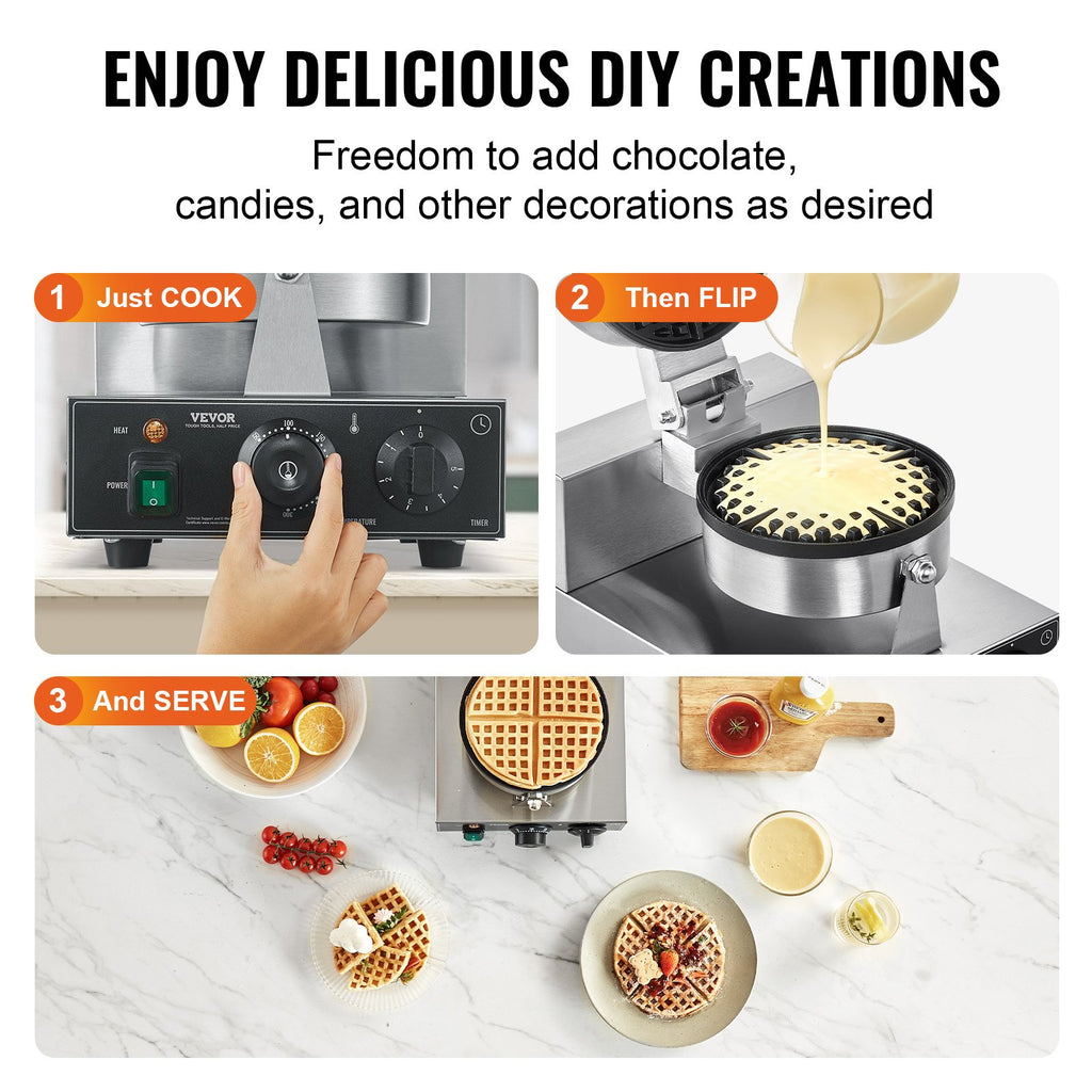 VEVOR Commercial Waffle Maker, 1230W Round Waffle Baker Machine, Non-Stick Stainless Steel Belgian Waffle Iron with Temperature and Time Control, Handle, for Restaurant Bakery Snack Bar Family