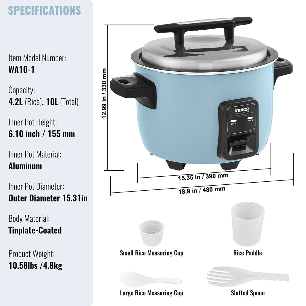 VEVOR Commercial Rice Cooker, 50-Cup Rice Cooker, 10 Liter Large Rice Cooker and Warmer with Nonstick Inner Pot, Fast Cooking and 24-Hour Keep Warm, with Rice Cup and Paddle, for Restaurant