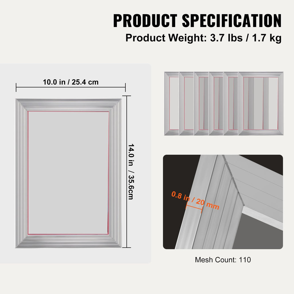 VEVOR Screen Printing Kit, 6 Pieces Aluminum Silk Screen Printing Frames, 25.4 x 35.6 cm Silk Screen Printing Frame with 110 Count Mesh, High Tension Nylon Mesh and Sealing Tape for T-shirts DIY