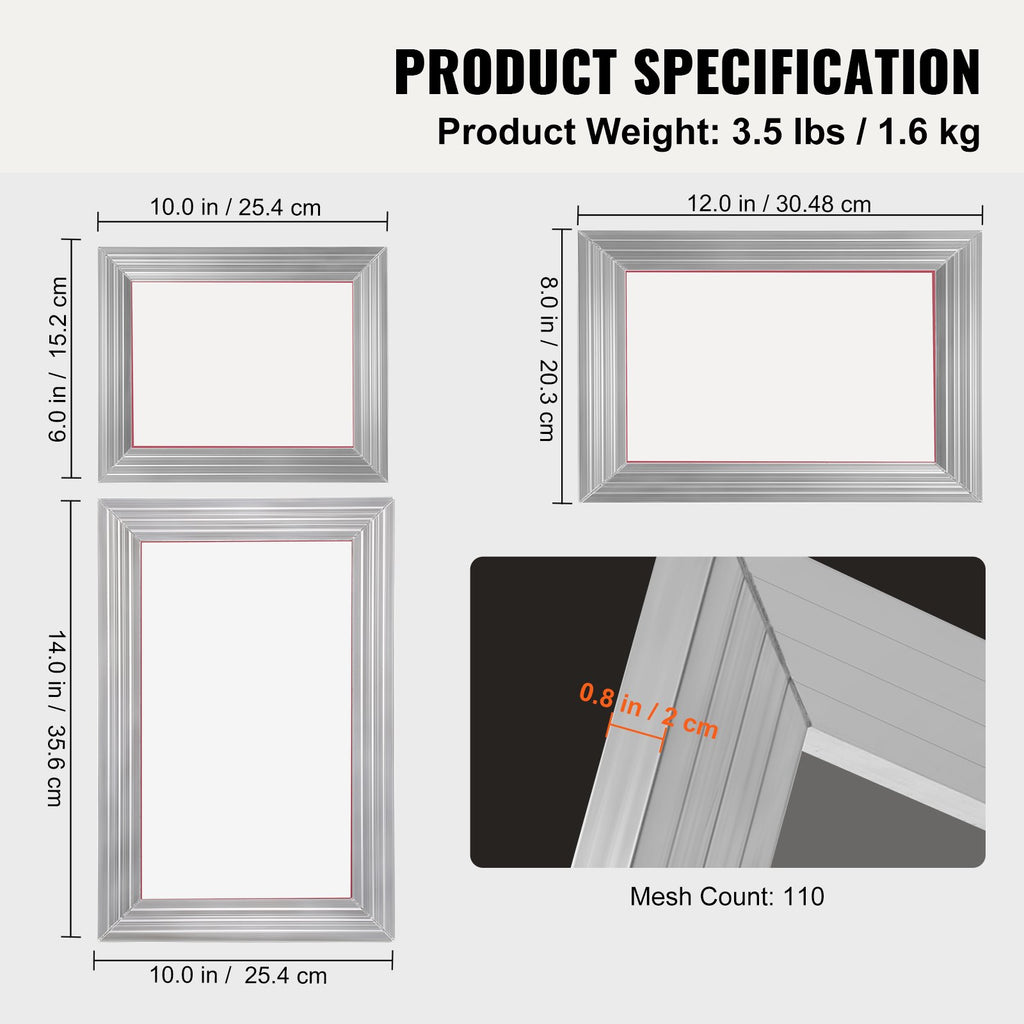 VEVOR Screen Printing Kit, 3 Pieces Aluminum Silk Screen Printing Frames 25x36/20x30/15x25 cm 110 Count Mesh, 5 Glitters and Screen Printing Squeegees and Transparency Films for T-shirts DIY