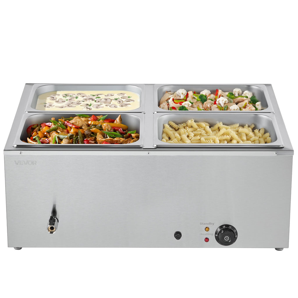 VEVOR Commercial Food Warmer, 1500W Electric Stainless Steel Steam Food Warmer with Lid, 4-Pan Fast Heating Countertop Buffet Bain Marie with Soup & Perforated Ladles, for Catering, Restaurant, Party