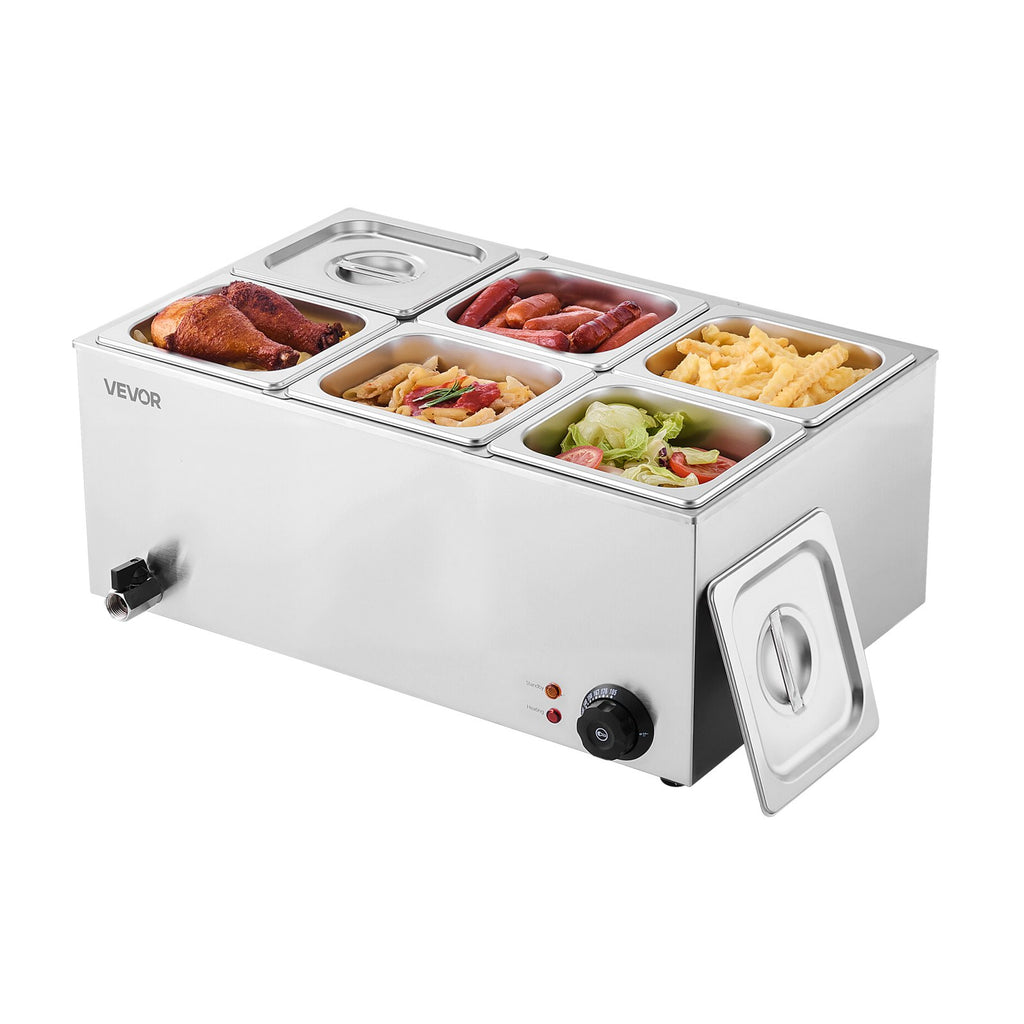 VEVOR Commercial Food Warmer, 6-Pan Electric Steam Table, 1200W Professional Countertop Stainless Steel Buffet Bain Marie with 30-85°C Temp Control for Catering, Buffet, Parties, Restaurants