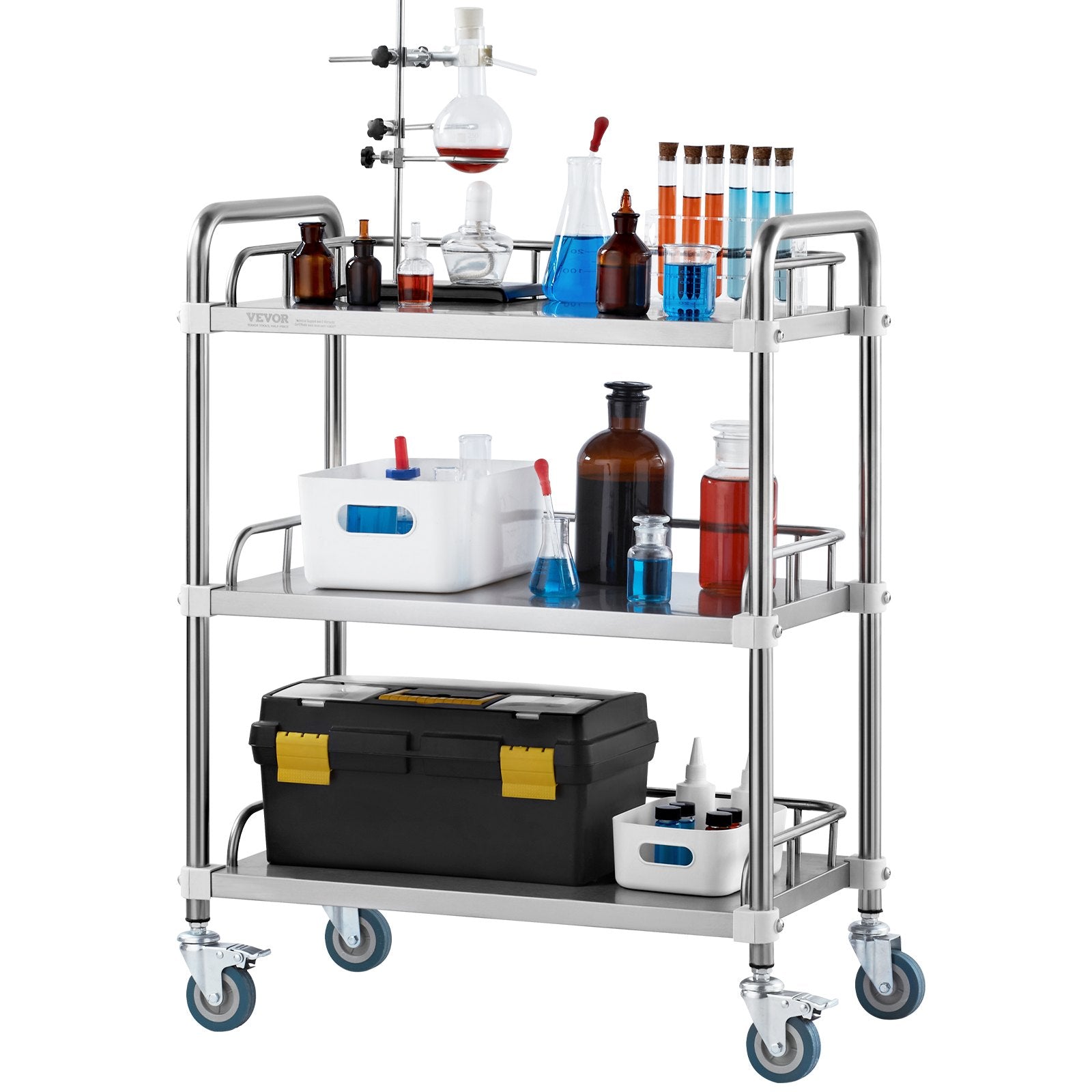VEVOR Lab Rolling Cart, 3-Shelf Stainless Steel Rolling Cart, Lab Serving Cart with Swivel Casters, Dental Utility Cart for Clinic, Lab,  Hospital, Salon, 26.38"x15.55"x34.13"