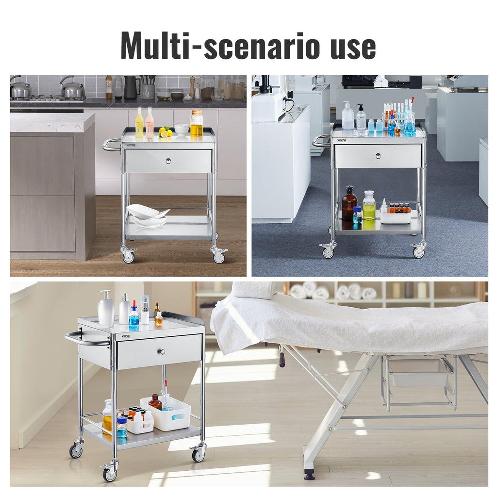 VEVOR Medical Cart, 2 Layer stainless Steel Cart100 kg Weight Capacity Utility Cart Silent Wheels and a Drawer for Lab, Clinic, kitchen, Salon