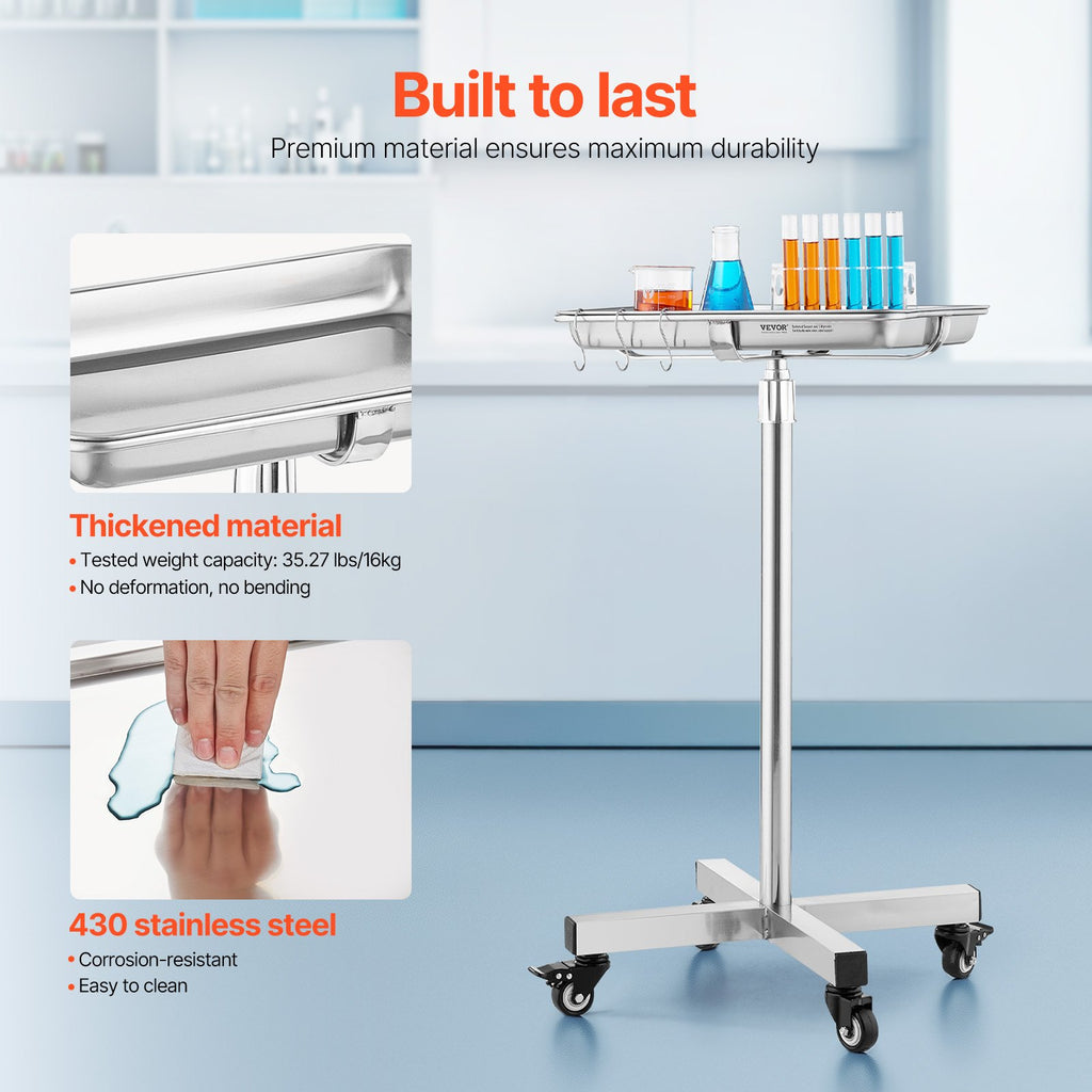VEVOR Mayo Stand, Stainless Steel Mayo Tray, Load Capacity up to 35 lbs, Adjustable Height 25.2"-39.8", Medical Tray on Wheels with Removable Tray for Spa, Salon, Clinic, Personal Care