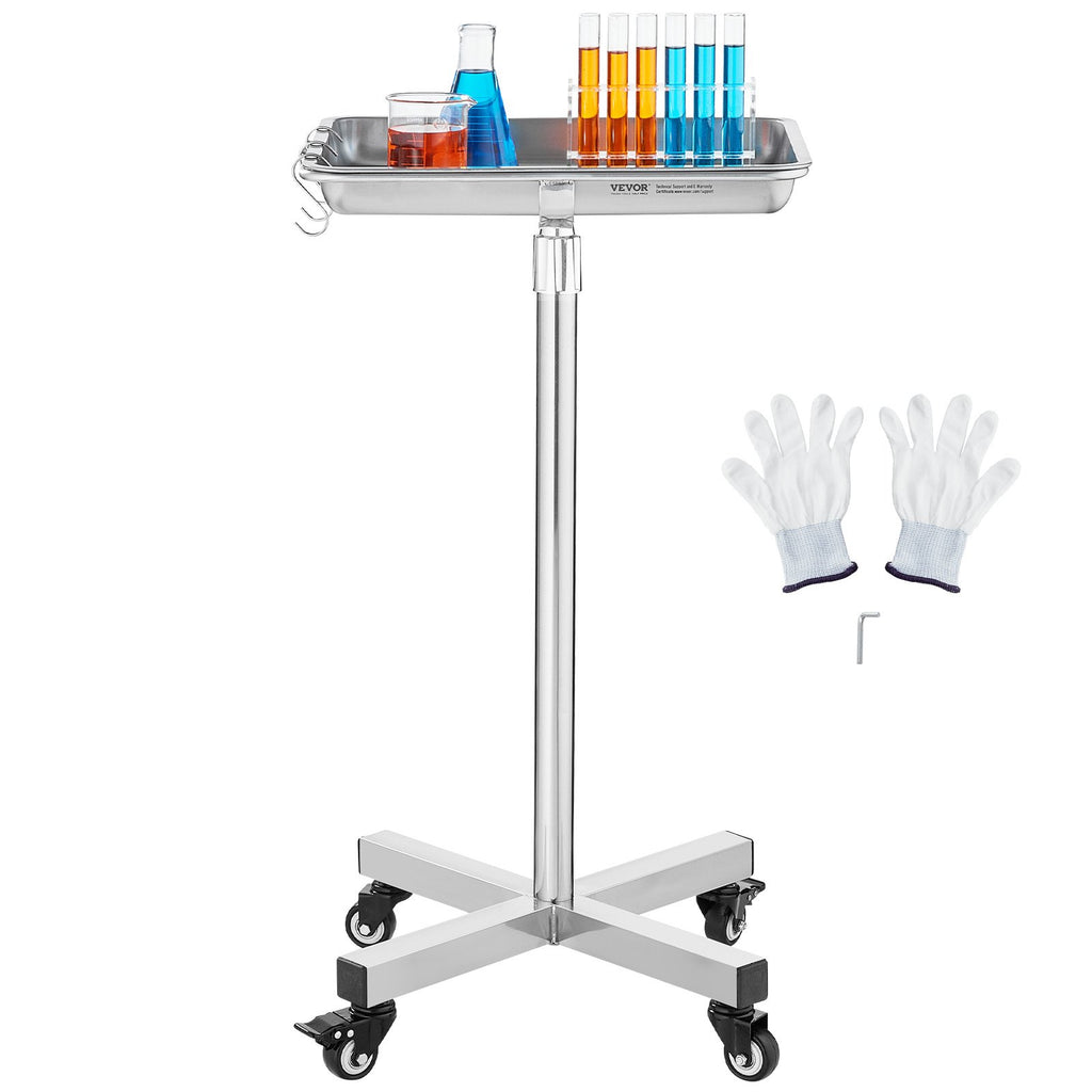 VEVOR Mayo Stand, Stainless Steel Mayo Tray, Load Capacity up to 35 lbs, Adjustable Height 25.2"-39.8", Medical Tray on Wheels with Removable Tray for Spa, Salon, Clinic, Personal Care