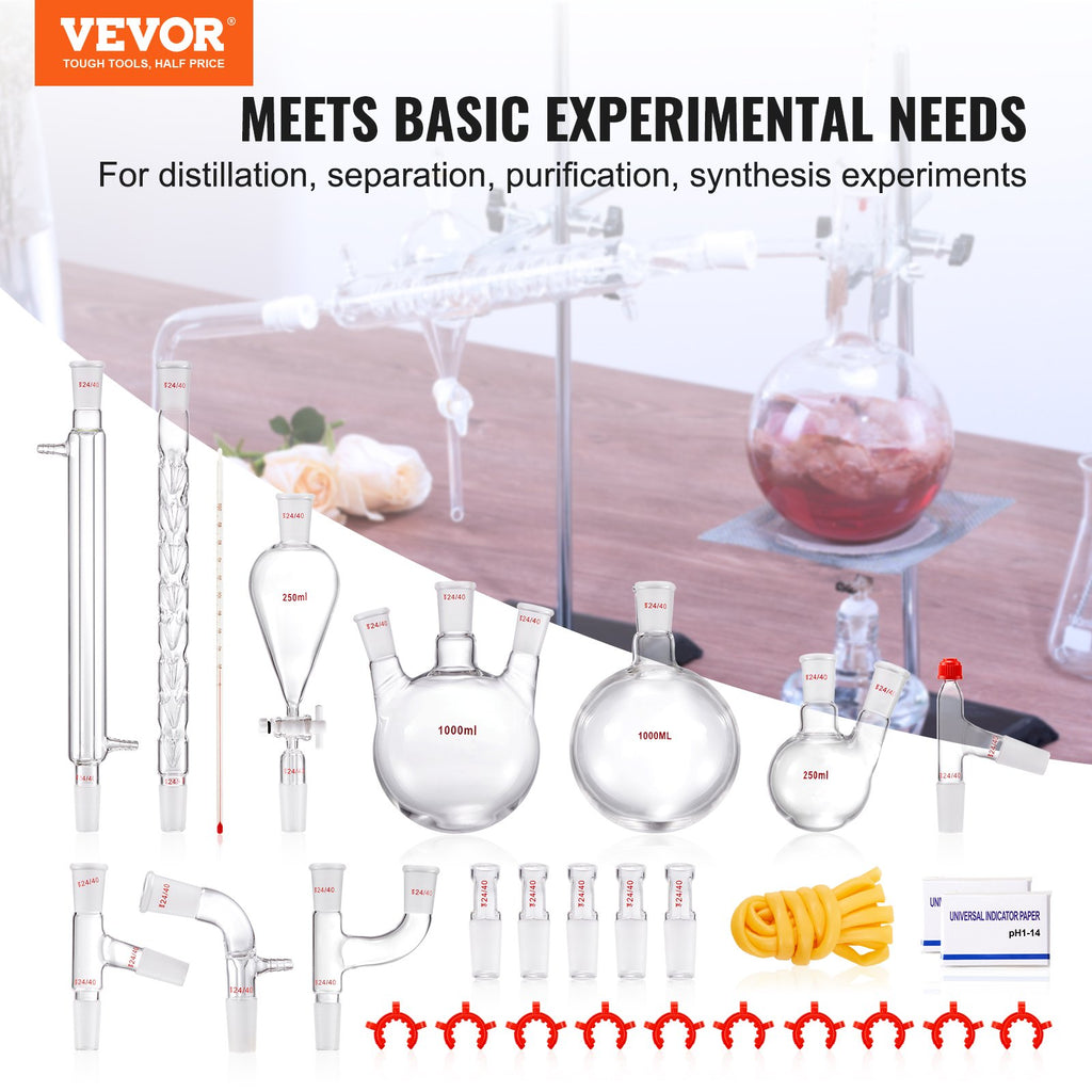 VEVOR Lab Glassware Distillation Kit 1000ml 3.3 Boro 29 pcs Glassware Equipment