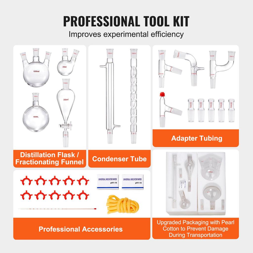 VEVOR Lab Glassware Distillation Kit 1000ml 3.3 Boro 29 pcs Glassware Equipment