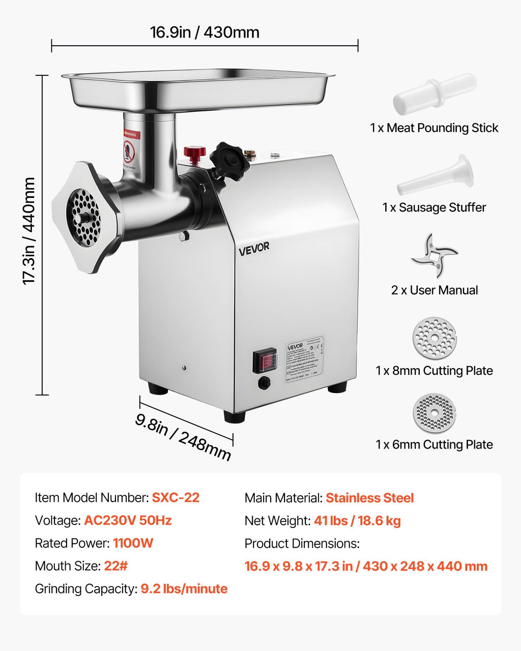 VEVOR Commercial Electric Meat Grinder 9.2 Lbs/Min Sausage Stuffer Maker Kitchen