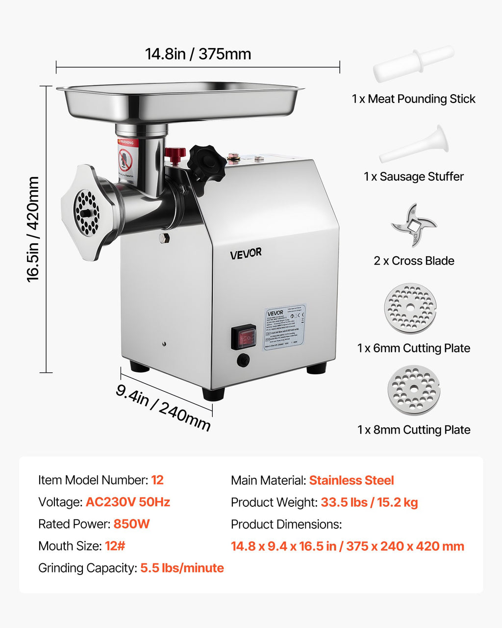 VEVOR Commercial Electric Meat Grinder 5.5 Lbs/Min Sausage Stuffer Maker Kitchen