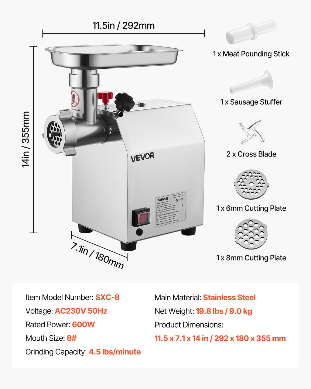 VEVOR Commercial Electric Meat Grinder 4.5 Lbs/Min Sausage Stuffer Maker Kitchen