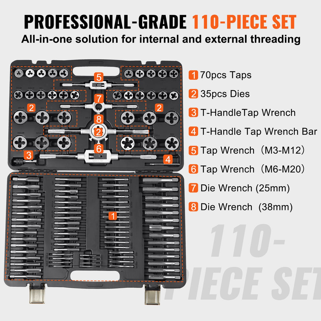 VEVOR Tap and Die Set 110Pcs Metric Size M2 to M18 Bearing Steel Threading Tool