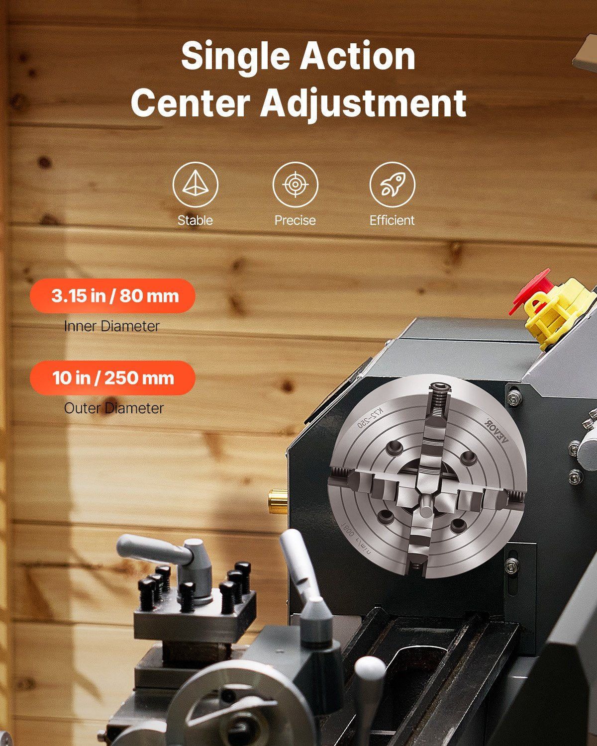 VEVOR 4-Jaw Lathe Chuck, 10 in (250 mm), Lathe Chuck, 0.6-9.84 in (15-250 mm) Clamping Range with T-key Fixing Screws Reversible Jaws, HT300 Cast Iron Material, Internal External for Wood Metal Lathe