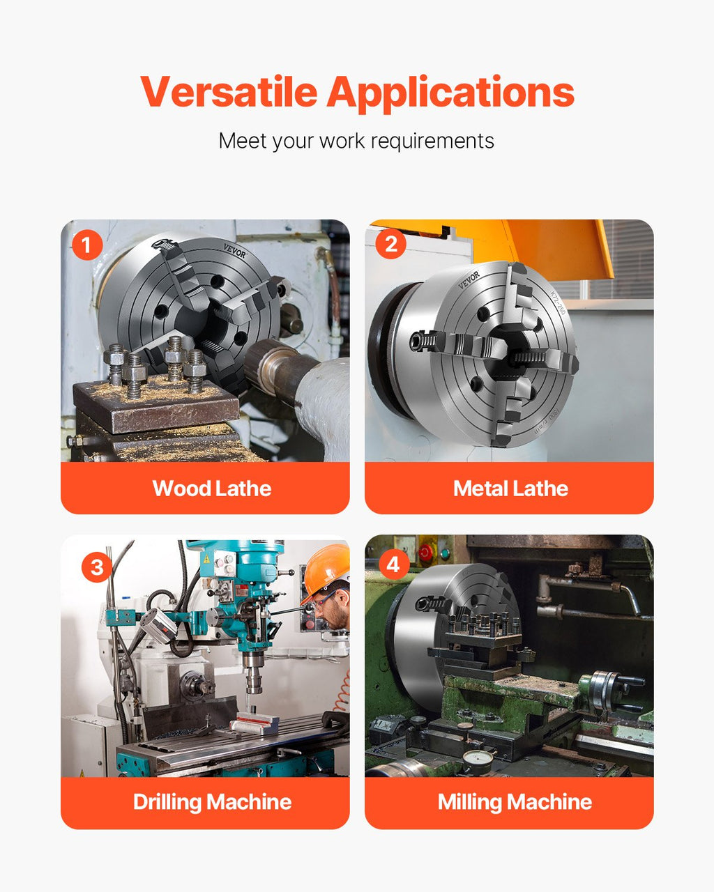 VEVOR 4-Jaw Lathe Chuck, 10 in (250 mm), Lathe Chuck, 0.6-9.84 in (15-250 mm) Clamping Range with T-key Fixing Screws Reversible Jaws, HT300 Cast Iron Material, Internal External for Wood Metal Lathe