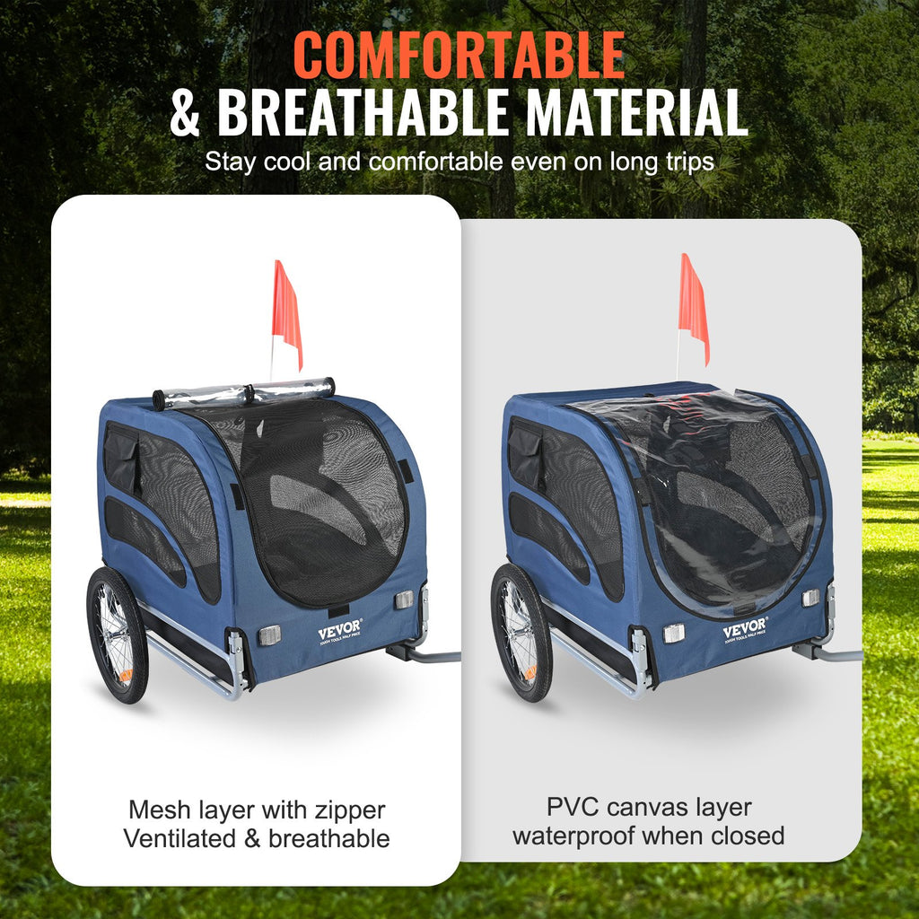 VEVOR Dog Bike Trailer, Supports up to 45 kg, Pet Cart Bicycle Carrier, Easy Folding Frame with Quick Release Wheels, Universal Bicycle Coupler, Reflectors, Flag, Collapsible to Store, Blue/Black